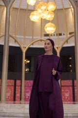 1009 Mürdüm Abaya+Pantolon+Kısa İçlik+Şal