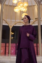 1009 Mürdüm Abaya+Pantolon+Kısa İçlik+Şal