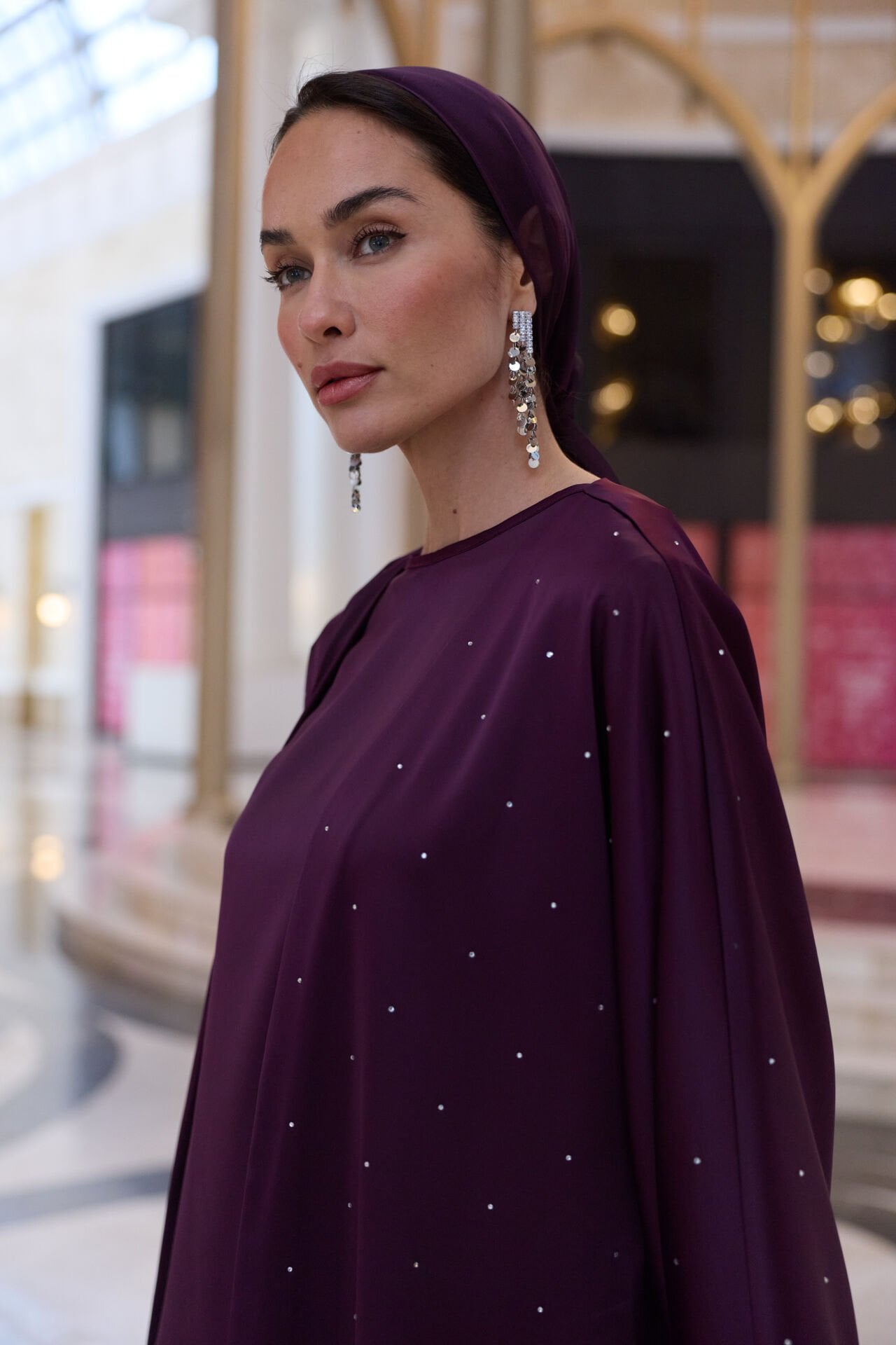 1009 Mürdüm Abaya+Pantolon+Kısa İçlik+Şal