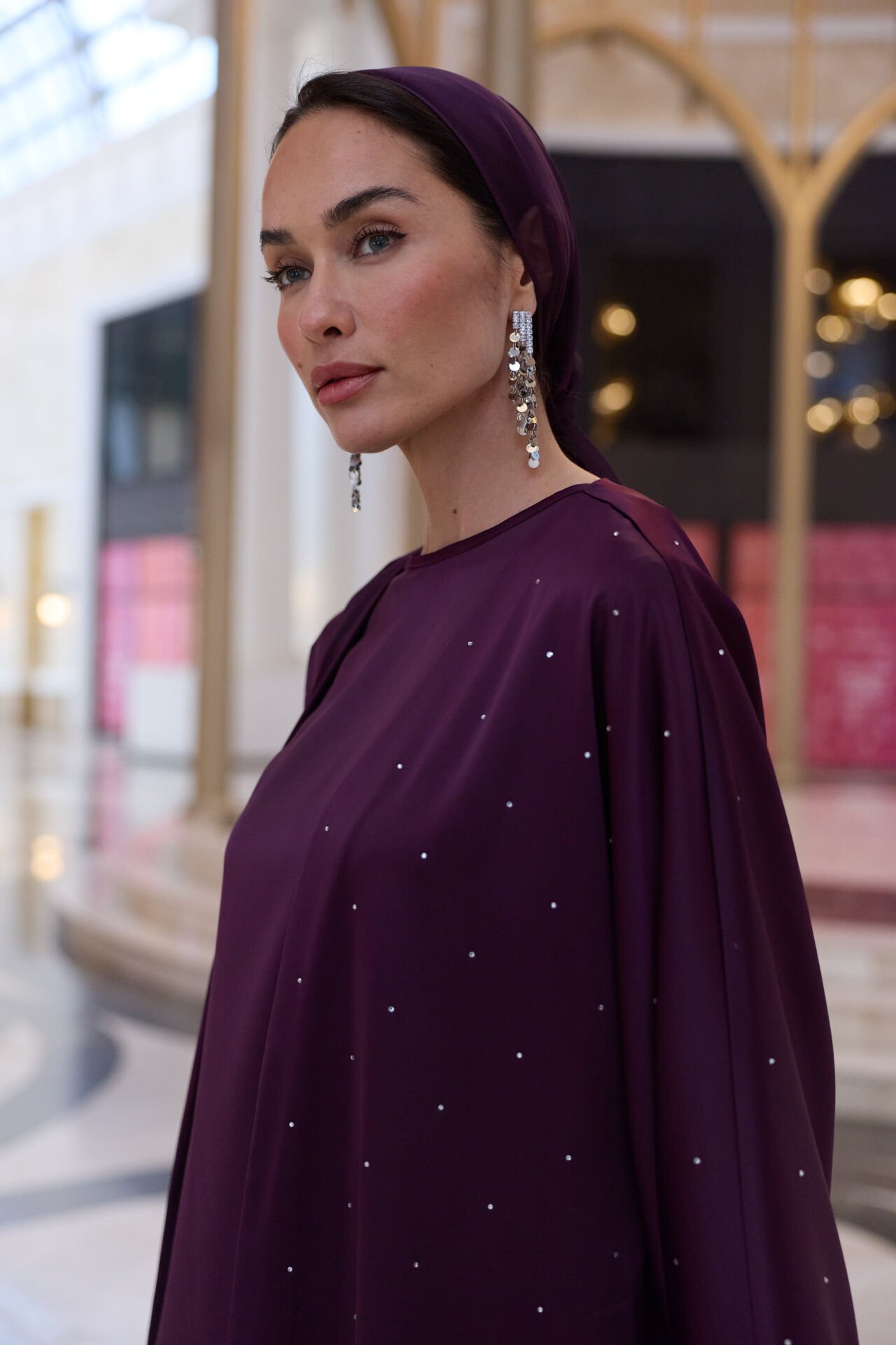 1009 Mürdüm Abaya+Pantolon+Kısa İçlik+Şal