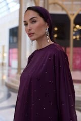 1009 Mürdüm Abaya+Pantolon+Kısa İçlik+Şal