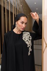 Siyah Gold İşleme Abaya+Uzun İç Elbise+Şal