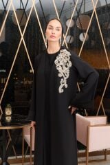 Siyah Gold İşleme Abaya+Uzun İç Elbise+Şal