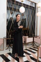 Siyah Gold İşleme Abaya+Uzun İç Elbise+Şal