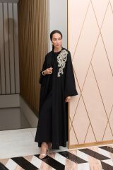Siyah Gold İşleme Abaya+Uzun İç Elbise+Şal