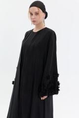 Siyah İpek Kol Gül Abaya+Uzun İç Elbise+Şal