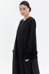 Siyah İpek Kol Gül Abaya+Uzun İç Elbise+Şal