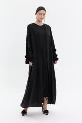 Siyah İpek Kol Gül Abaya+Uzun İç Elbise+Şal