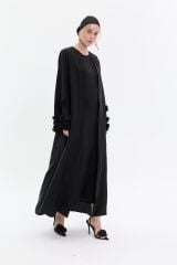 Siyah İpek Kol Gül Abaya+Uzun İç Elbise+Şal