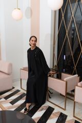 2005 Siyah Omuz Taş İşleme Abaya+Uzun İç Elbise+Şal