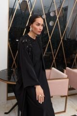 2005 Siyah Omuz Taş İşleme Abaya+Uzun İç Elbise+Şal