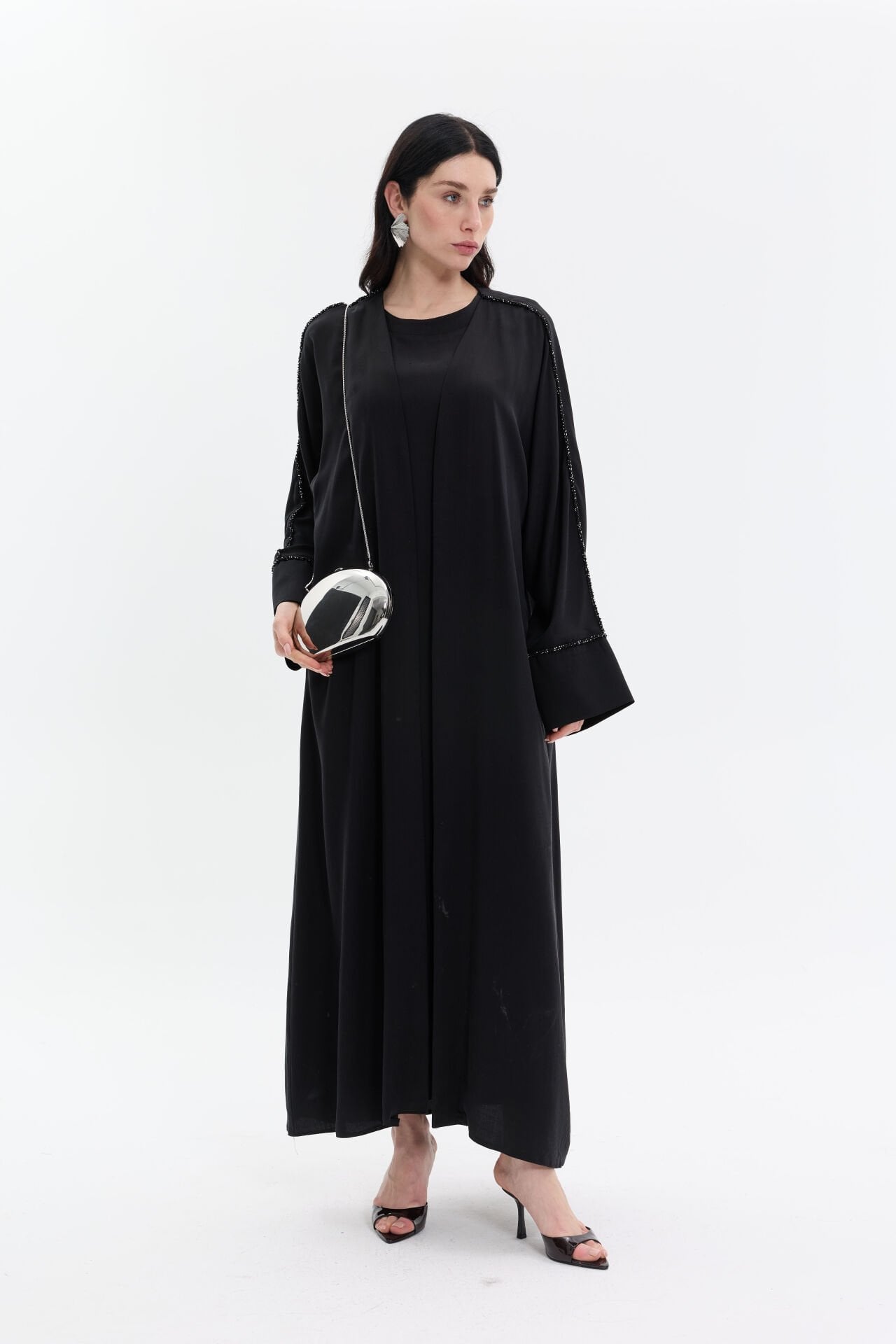 Siyah Kol Manşet Şerit Taş Abaya+Uzun İç Elbise