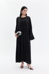 Siyah Kol Manşet Şerit Taş Abaya+Uzun İç Elbise
