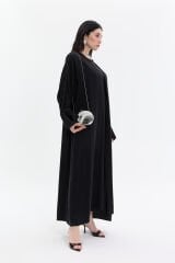 Siyah Kol Manşet Şerit Taş Abaya+Uzun İç Elbise