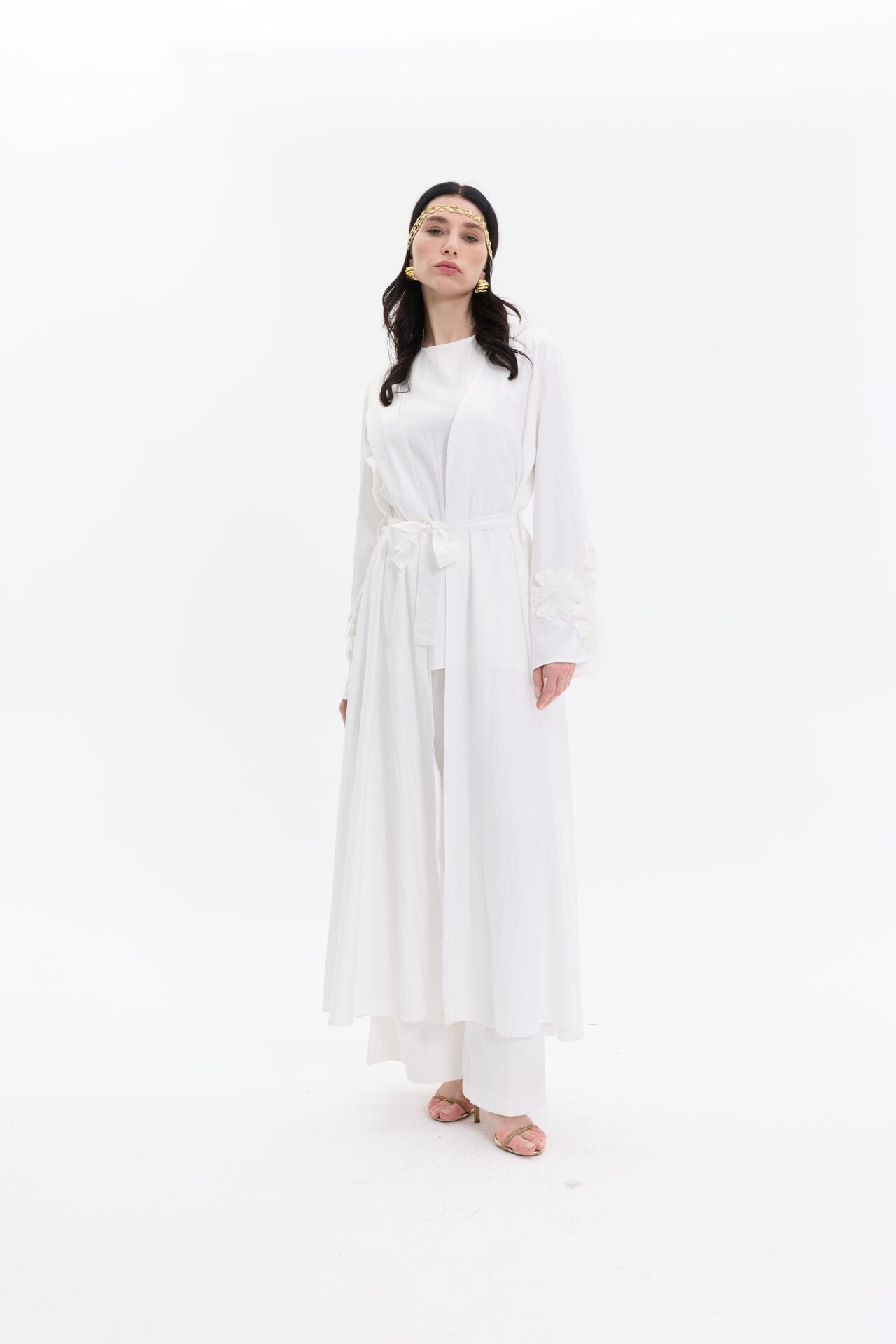 2020 Ekru Kol Çiçek Abaya-Pantolon-Kısa İçlik-şal